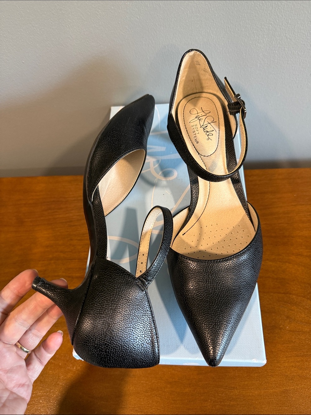 Life Stride Black Pointed-Toe Ankle Strap Kitten Heels